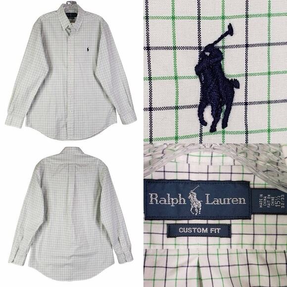Polo Ralph Lauren Oxford Shirt Men's Size 15.5 White Green Plaid LS Button Down - Picture 1 of 8